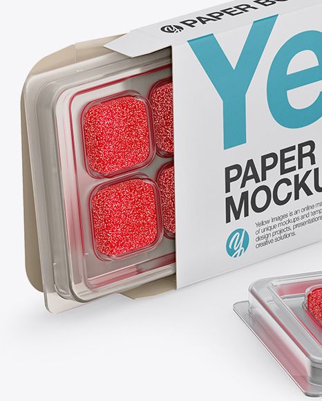 Opened Box with Gummies in Blisters Mockup - Half Side View. Present your design on this mockup. Includes special layers and smart objects for your creative works. Tags: 3/4, blister, box, carton, dessert, gummies, half side view, jello, jujube, mockup, opened, pack, package, paper, sweet. #mockup #psdmockup #brandmockup #yellowimages